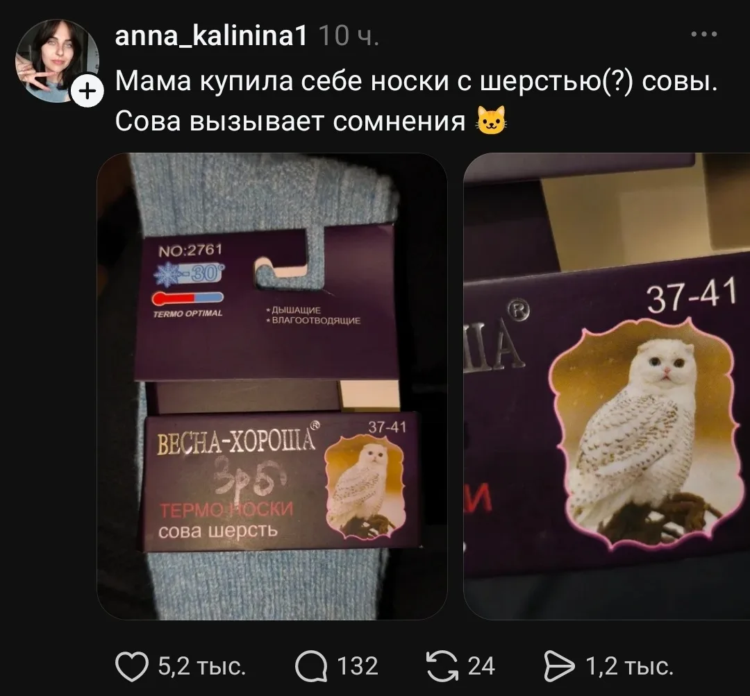 Мама купила себе носки с шерстью(?) совы. Сова вызывает сомнения NO:2761 TERMO OPTIMAL • ДЫШАЩИЕ • ВЛАГООТВОДЯЩИЕ ВЕСНА-ХОРОША® ТЕРМО НОСКИ сова шерсть <br />Описание картинки: <br />Мама купила термоноски из шерсти совы, вызывая удивление.