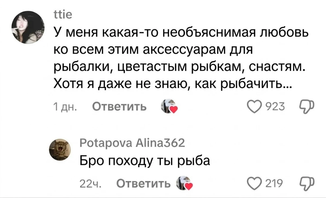 У меня какая-то необъяснимая любовь ко всем этим аксессуарам для рыбалки, цветастым рыбкам, снастям. Хотя я даже не знаю, как рыбачить…
Бро походу ты рыба
Описание картинки:
Текст про любовь к рыбалке и неожиданное сравнение с рыбой.