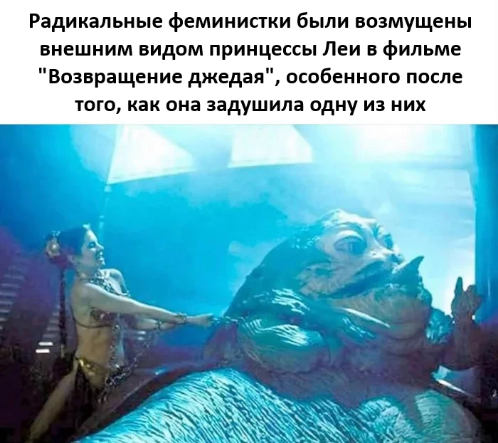 Радикальные феминистки были возмущены внешним видом принцессы Леи в фильме «Возвращение джедая», особенного после того, как она задушила одну из них
Описание картинки:
Феминистки недовольны образом принцессы Леи в «Возвращении джедая».