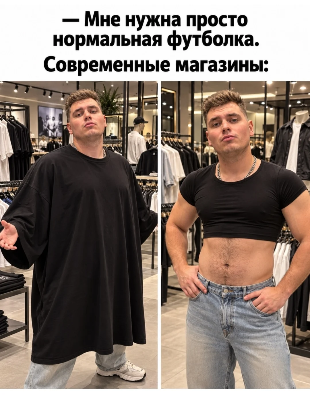 — Мне нужна просто нормальная футболка. Современные магазины: <br />Описание картинки: <br />Человек ищет обычную футболку, но сталкивается с современными предложениями магазинов.