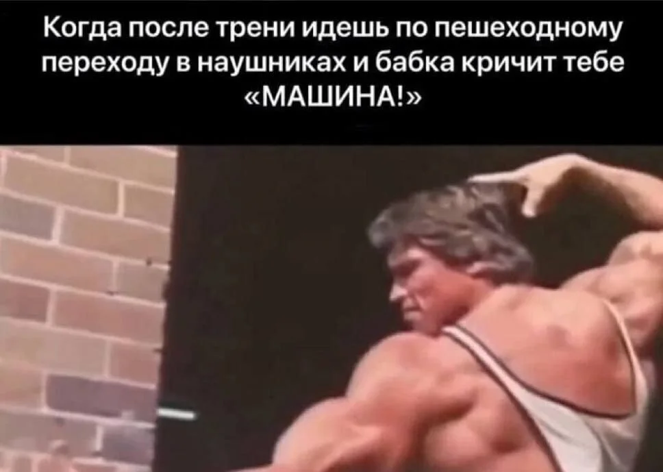 Когда после трени идёшь по пешеходному переходу в наушниках и бабка кричит тебе «МАШИНА!»
Описание картинки:
Человек в наушниках на переходе, бабка кричит «Машина!».