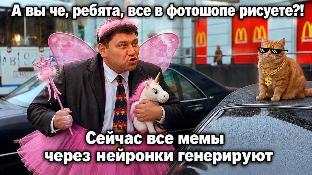 А вы че, ребята, все в фотошопе рисуете!
Сейчас все мемы через нейронки генерируют
Описание картинки:
Разговор о том, как мемы создаются с помощью нейронок. | Интернет