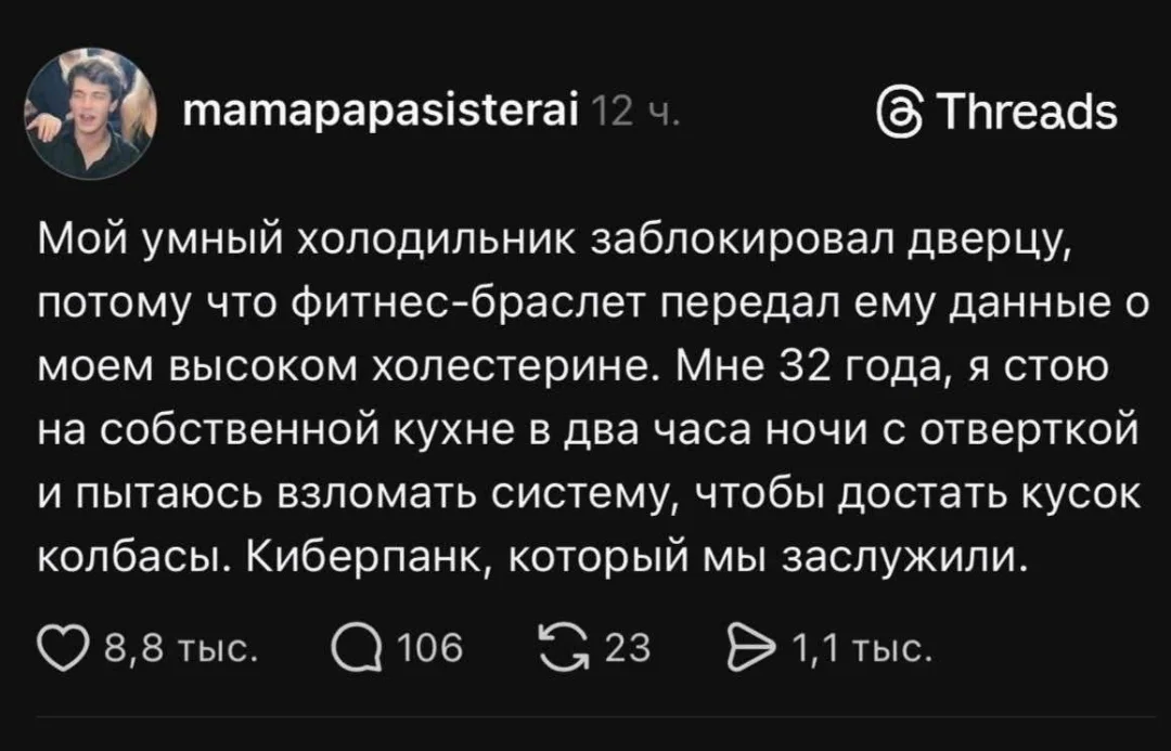 Мой умный холодильник заблокировал дверцу, потому что фитнес-браслет передал ему данные о моём высоком холестерине. Мне 32 года, я стою на собственной кухне в два часа ночи с отверткой и пытаюсь взломать систему, чтобы достать кусок колбасы. Киберпанк, который мы заслужили. <br />Описание картинки: <br />Мужчина в 32 года пытается взломать холодильник отверткой глубокой ночью.