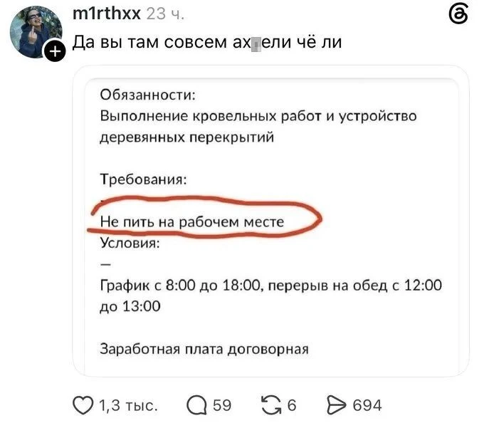 Да вы там совсем ах*ели чё ли Обязанности:
Выполнение кровельных работ и устройство деревянных перекрытий Требования:
Не пить на рабочем месте Условия:
График с 8:00 до 18:00, перерыв на обед с 12:00 до 13:00 Заработная плата договорная
Описание картинки:
Текст объявления о вакансии кровельщика и возмущенный комментарий.