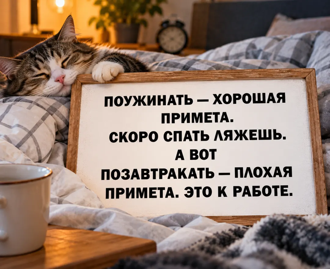 ПОУЖИНАТЬ: <br /> — ХОРОШАЯ ПРИМЕТА. СКОРО СПАТЬ ЛЯЖЕШЬ. А ВОТ ПОЗАВТРАКАТЬ <br /> — ПЛОХАЯ ПРИМЕТА. ЭТО К РАБОТЕ. <br /> Описание картинки: <br /> В разговоре о приметах упоминаются ужин и завтрак.