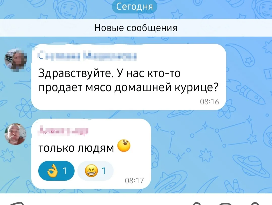 Сегодня Новые сообщения Здравствуйте. У нас кто-то продает мясо домашней курице?
Только людям 😗
Описание картинки:
Текстовый диалог, где продавец уточняет, что мясо продаётся только людям.